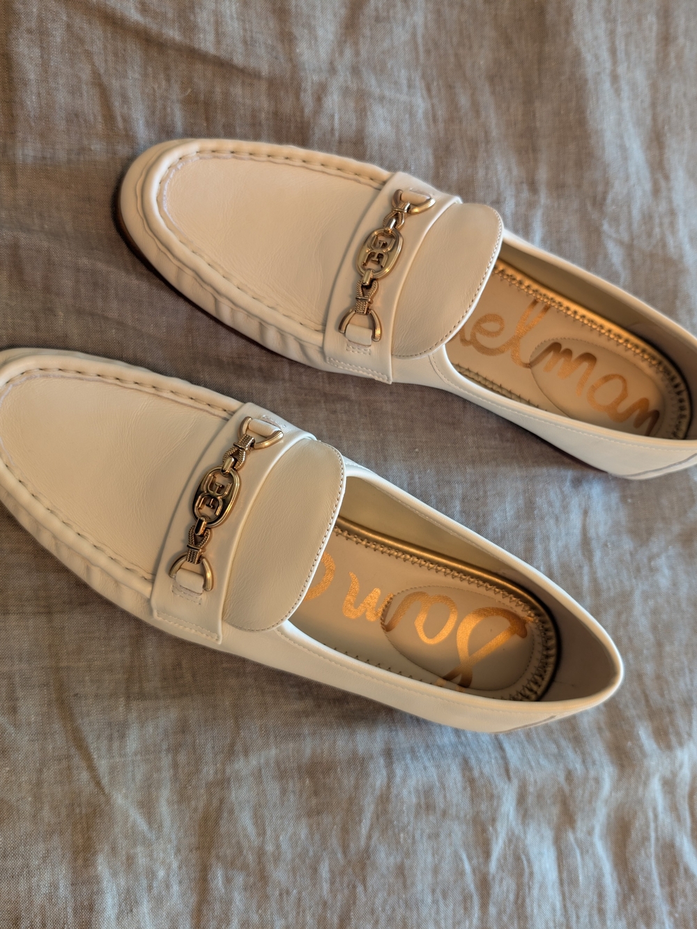 Sam Edelman Cream Leather Loafers with Gold Chain Accent